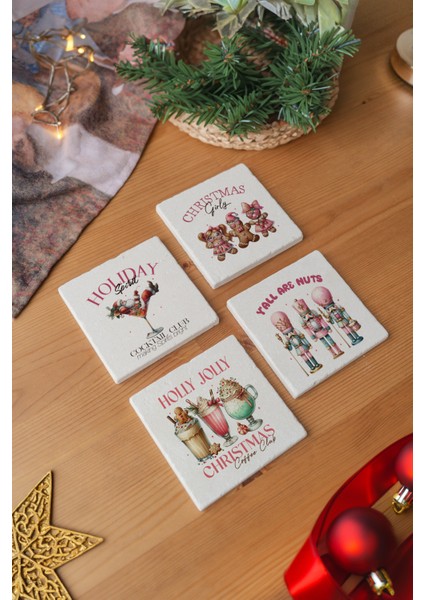 Arslart Atölye “christmas Girly” Temalı Bardak Altlığı 4’lü Set Doğal Taş Traverten (10X10 Cm) modelleri
