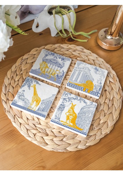 Arslart Atölye Antik Yunan ve Altın Hayvan Desenli Bardak Altlığı 4’lü Set Doğal Taş Traverten (10X10 Cm)