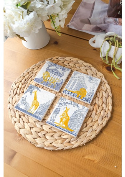 Arslart Atölye Antik Yunan ve Altın Hayvan Desenli Bardak Altlığı 4’lü Set Doğal Taş Traverten (10X10 Cm) fiyatları