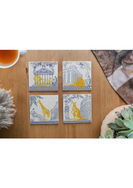 Arslart Atölye Antik Yunan ve Altın Hayvan Desenli Bardak Altlığı 4’lü Set Doğal Taş Traverten (10X10 Cm) modelleri