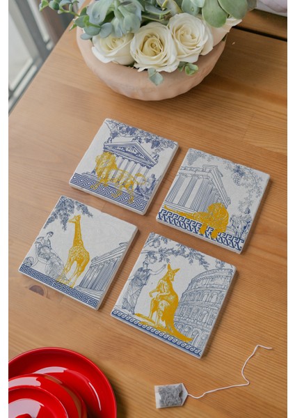 Arslart Atölye Antik Yunan ve Altın Hayvan Desenli Bardak Altlığı 4’lü Set Doğal Taş Traverten (10X10 Cm) fırsatları