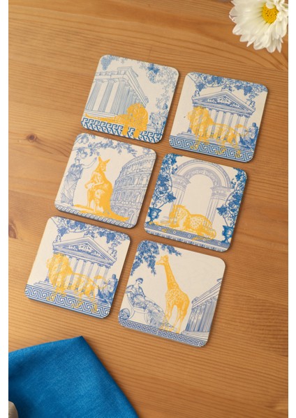 Antik Yunan Hayvan Desenli Ahşap Bardak Altlığı