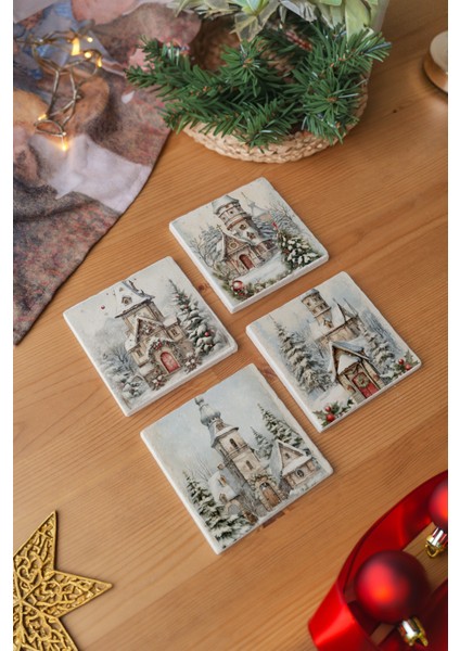 Arslat Atölye Yılbaşı Evleri Temalı Bardak Altlığı 4’lü Set Doğal Taş Traverten (10X10 Cm)