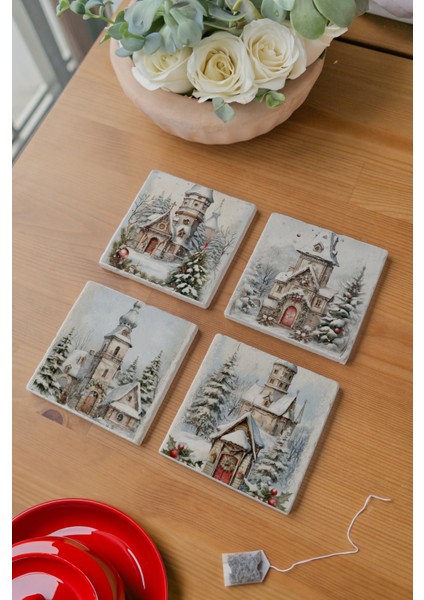 Arslat Atölye Yılbaşı Evleri Temalı Bardak Altlığı 4’lü Set Doğal Taş Traverten (10X10 Cm)