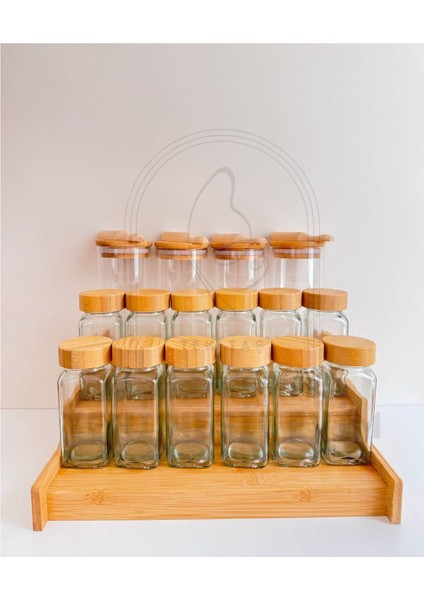 Yeninesilevim 4lü 300 ml Vakumlu Yuvarlak Kaşıklı Cam KAVANOZ+12LI 120 ml Baharatlık ve 3 Katlı Bambu Stand