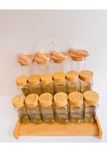 Yeninesilevim 4lü 300 ml Vakumlu Yuvarlak Kaşıklı Cam KAVANOZ+12LI 120 ml Baharatlık ve 3 Katlı Bambu Stand