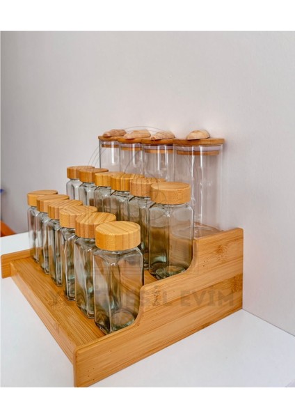 Yeninesilevim 4lü 300 ml Vakumlu Yuvarlak Kaşıklı Cam KAVANOZ+12LI 120 ml Baharatlık ve 3 Katlı Bambu Stand