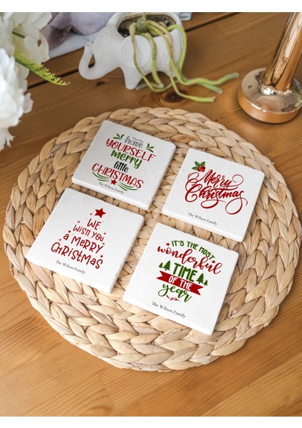 Arslat Atölye Christmas Motto Yazılı Bardak Altlığı 4’lü Set Doğal Taş Traverten (10X10 Cm)