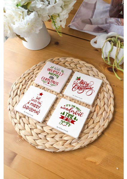 Arslat Atölye Christmas Motto Yazılı Bardak Altlığı 4’lü Set Doğal Taş Traverten (10X10 Cm) modelleri