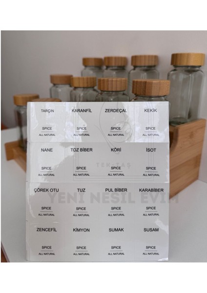 Yeninesilevim 12 Li 120 cc ml Bambu Ahşap Kapaklı Cam Kavanoz Baharatlık Dökme Başlıklı (16 Lı Etiket Hediye)