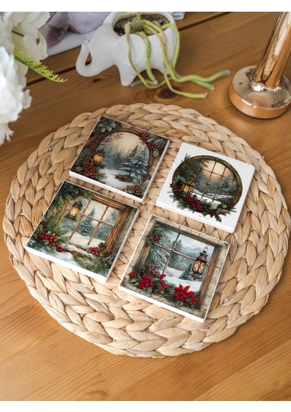 Arslat Atölye Nostaljik Yılbaşı Karpostalı Temalı Doğal Taş Bardak Altlığı 4’lü Set (10X10 Cm)