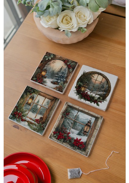 Arslat Atölye Nostaljik Yılbaşı Karpostalı Temalı Doğal Taş Bardak Altlığı 4’lü Set (10X10 Cm) fiyatları