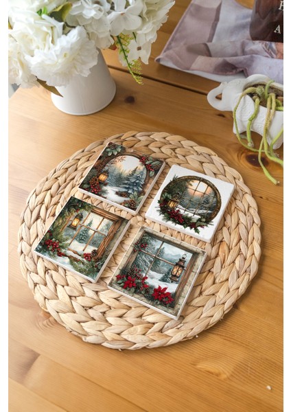 Arslat Atölye Nostaljik Yılbaşı Karpostalı Temalı Doğal Taş Bardak Altlığı 4’lü Set (10X10 Cm) modelleri