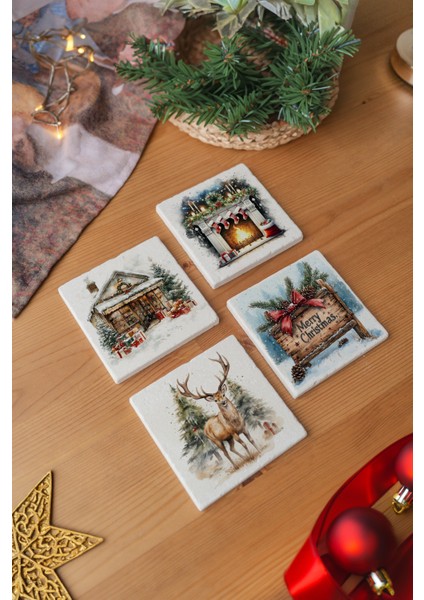 Arslat Atölye Yılbaşı Geyik ve Noel Baba Temalı Doğal Taş Bardak Altlığı 4’lü Set (10X10 Cm)