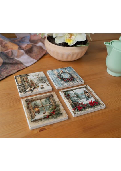 Arslat Atölye Vintage Kartpostal Şehir Görüntüsü Temalı 4’lü Set Bardak Altlığı Doğal Taş Traverten (10X10 Cm) modelleri