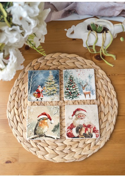 Arslat Atölye Nostaljik Yılbaşı Temalı 4’lü Set Bardak Altlığı Doğal Taş Traverten (10X10 Cm)