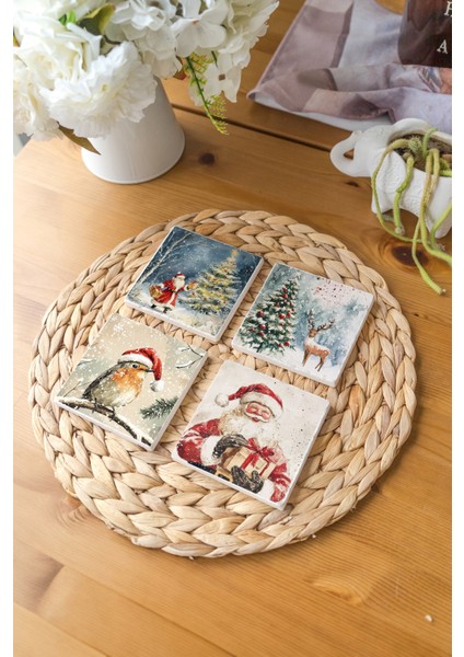 Arslat Atölye Nostaljik Yılbaşı Temalı 4’lü Set Bardak Altlığı Doğal Taş Traverten (10X10 Cm) fiyatları