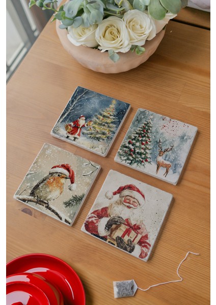 Arslat Atölye Nostaljik Yılbaşı Temalı 4’lü Set Bardak Altlığı Doğal Taş Traverten (10X10 Cm) modelleri