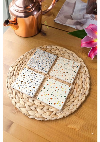 Arslat Atölye Tezzo Desenli 4’lü Set Bardak Altlığı Doğal Taş Traverten (10X10 Cm)