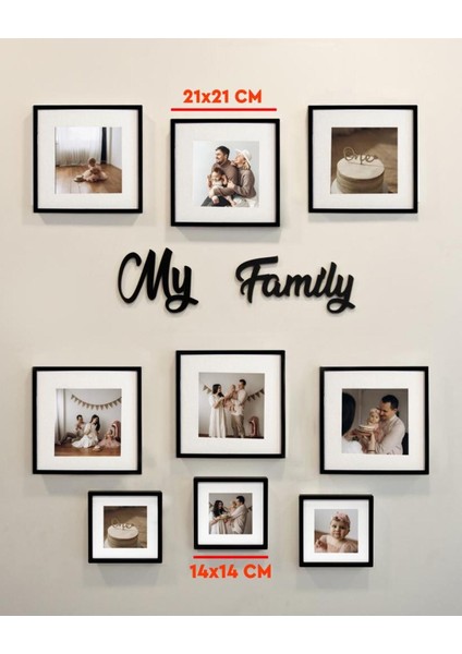 My Family Yazılı Yapışkanlı Sök-Tak Paspartulu Siyah Kare Fotoğraf Çerçevesi - 9'lu Paket fiyatları