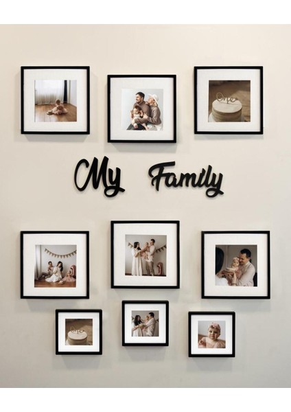 My Family Yazılı Yapışkanlı Sök-Tak Paspartulu Siyah Kare Fotoğraf Çerçevesi - 9'lu Paket modelleri