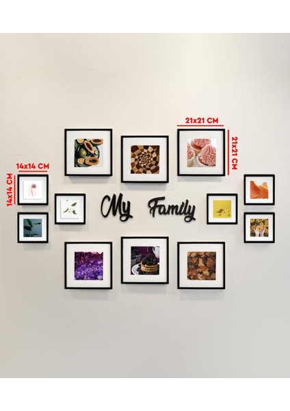 My Family Yazılı Yapışkanlı Sök-Tak Paspartulu Siyah Kare Fotoğraf Çerçevesi - 12'li Paket
