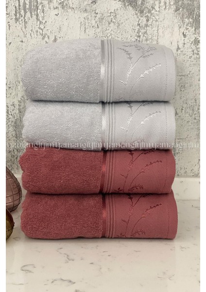 Ditsy El-Yüz Havlusu 4 Adet-Mürdüm-Gri