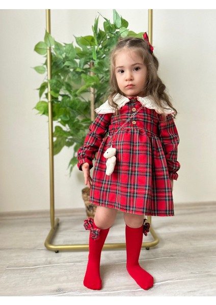 Kız Çocuk Elbise / 2 Toka / Fiyonklu Çorap / Ayıcıklı Full Aksesuarlı 4 Parça Set