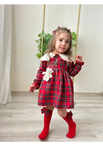 Kız Çocuk Elbise / 2 Toka / Fiyonklu Çorap / Ayıcıklı Full Aksesuarlı 4 Parça Set modelleri