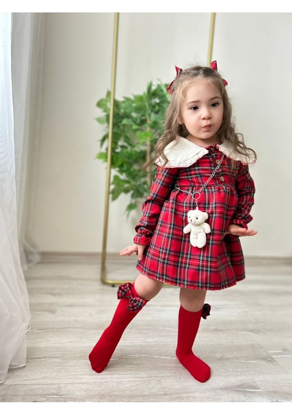Kız Çocuk Elbise / 2 Toka / Fiyonklu Çorap / Ayıcıklı Full Aksesuarlı 4 Parça Set fırsatları