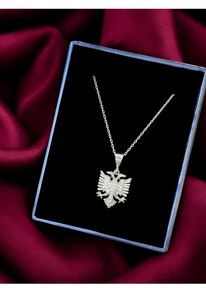 Taşlı Çift Başlı Kartal, Arnavutluk Sembolü Gümüş Rengi Tasarım 925 Ayar Gümüş Kolye