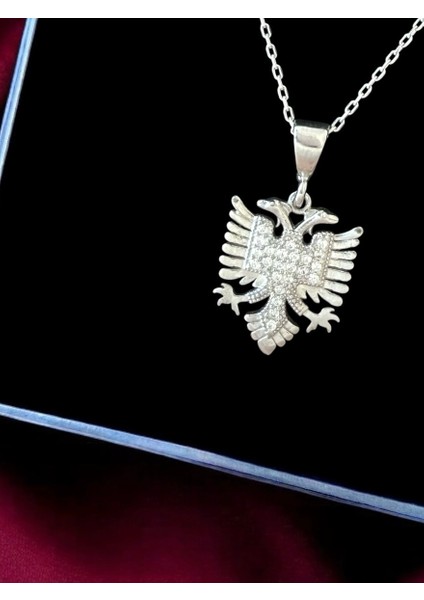 Taşlı Çift Başlı Kartal, Arnavutluk Sembolü Gümüş Rengi Tasarım 925 Ayar Gümüş Kolye fiyatları