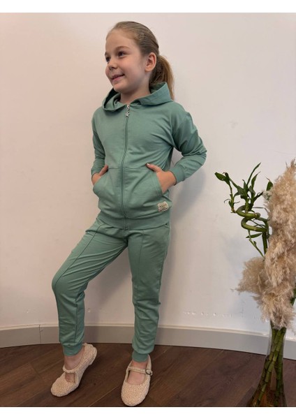 Kız Çoçuk Kapüşonlu Fermuarlı 2 Li Alt Üst Eşofman Takımı Su Yeşili fiyatları