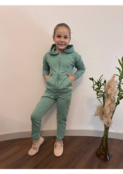 Kız Çoçuk Kapüşonlu Fermuarlı 2 Li Alt Üst Eşofman Takımı Su Yeşili modelleri