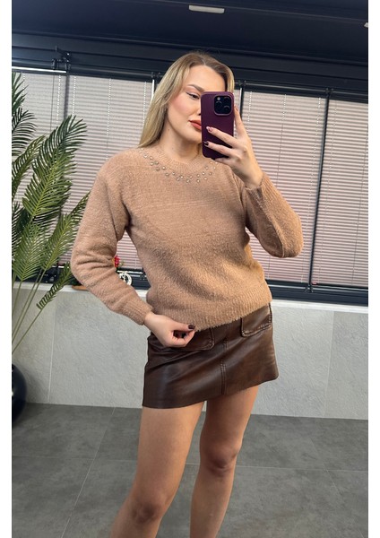 Yaka Gümüş Işleme Detaylı Camel Yumoş Kazak fırsatları