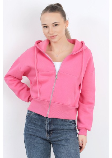 Kadın Tam Fermuarlı Kapüşonlu Cepli Kısa Oversize Sweatshirt Pembe - 2503