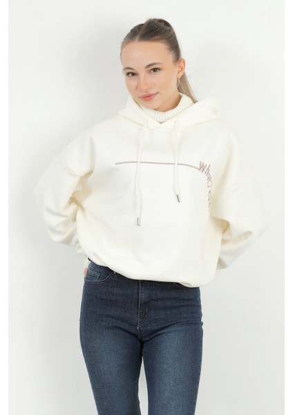 Kadın What Ever Nakışlı Yaka ve Kol Triko Detaylı Sweatshirt Beyaz - 5073