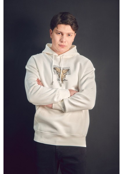 3 Iplik Yazı ve Kuş Baskılı Kapüşonlu Sweatshirt