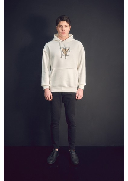 3 Iplik Yazı ve Kuş Baskılı Kapüşonlu Sweatshirt