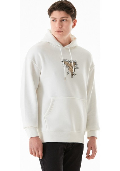 3 Iplik Yazı ve Kuş Baskılı Kapüşonlu Sweatshirt