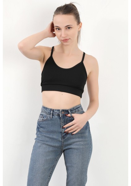 Kadın Askılı Fitilli Fleto Slim Fit Büstiyer Siyah - 9027