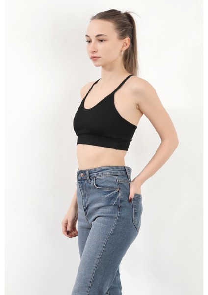 Kadın Askılı Fitilli Fleto Slim Fit Büstiyer Siyah - 9027 modelleri