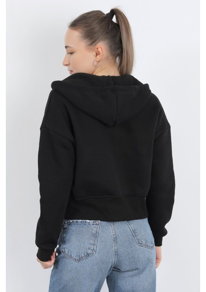 Kadın Tam Fermuarlı Kapüşonlu Cepli Kısa Oversize Sweatshirt Siyah - 2503