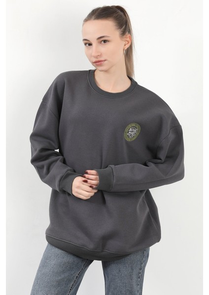 Kadın Adventure 3 Ip Nakışlı Bisiklet Yaka Oversize Sweatshirt Antrasit - 9003