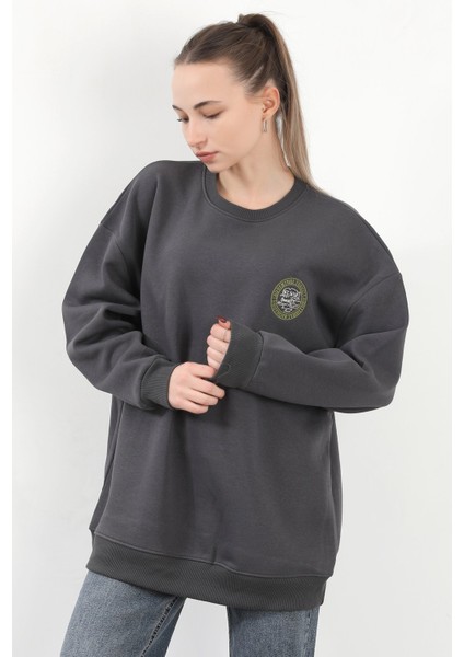 Kadın Adventure 3 Ip Nakışlı Bisiklet Yaka Oversize Sweatshirt Antrasit - 9003