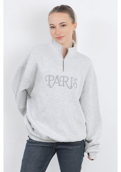Kadın Paris Nakışlı Yarım Fermuarlı Dik Yaka Oversize Sweatshirt Karmelanj - 9014