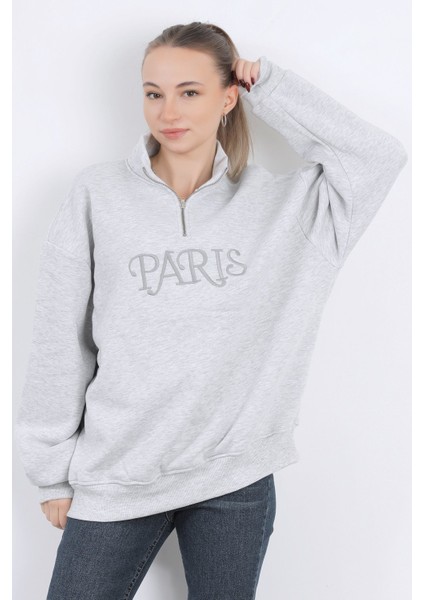 Kadın Paris Nakışlı Yarım Fermuarlı Dik Yaka Oversize Sweatshirt Karmelanj - 9014