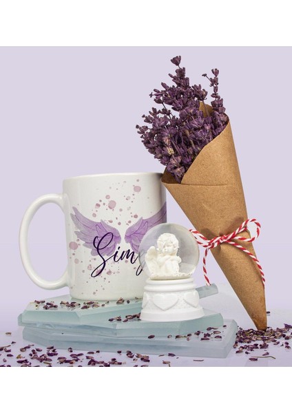 Kişiye Özel Tasarım Kupa Bardak & Melek Kar Küresi & Lavanta Buketi Seti 110695