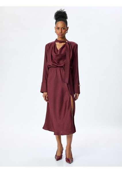 Fularlı Degaje Yaka Yırtmaçlı Uzun Kollu Kloş Saten Elbise modelleri