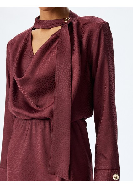 Fularlı Degaje Yaka Yırtmaçlı Uzun Kollu Kloş Saten Elbise indirimleri